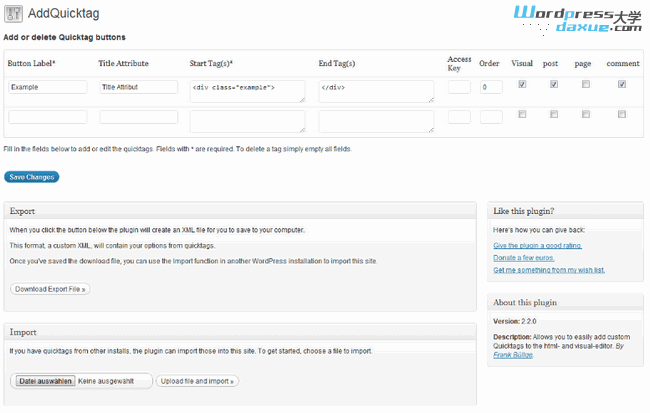 wpdaxue.com-201304533 WordPress 添加自定义编辑按钮的插件:AddQuicktag